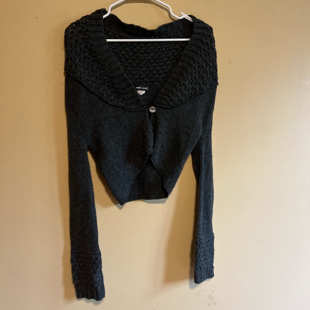 Wet Seal Vintage 2000s Y2K Long Sleeve Dark Grey Cropped Cardigan size Small